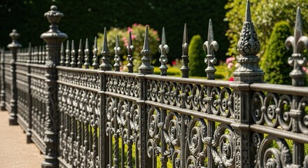 Ornate Iron Fence with Fleur-de-Lis Finials and Lush Green Garde