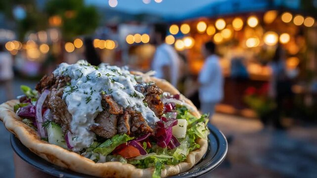 Savor Greek-style gyros with spiced meat and tzatziki sauce in a vibrant street food market setting.