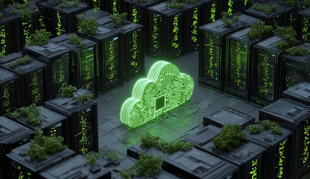 Luminous green cloud computing circuit rises above data servers overgrown with small plants