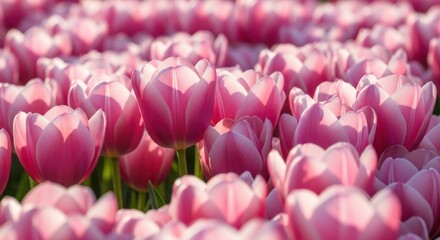 Obraz premium Pink Tulips Blooming in Bright Sunlight in a Large Flower Field