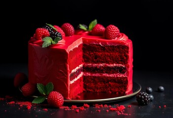 Luscious red velvet cake, adorned with fresh berries, dramatically set against a black backdrop, blueberry, food photography