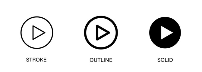 Play icon with editable stroke, outline and solid styles. Vector icon for ui design, media, video playback and multimedia.