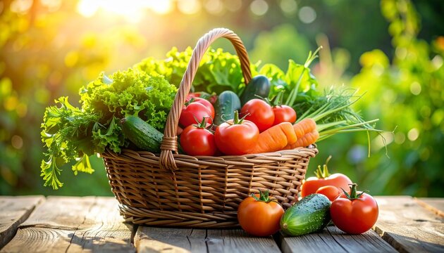 A bountiful harvest of fresh vegetables and fruit in a woven basket
