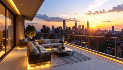 Luxury Penthouse Terrace with Beautiful City Skyline Views complemented by the sunset