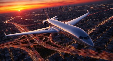 Private Jet Flying Over City Skyline During Sunset