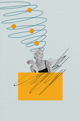 Trendy art creative vertical photo collage of minded girl guy think decision scribble brainstorming...