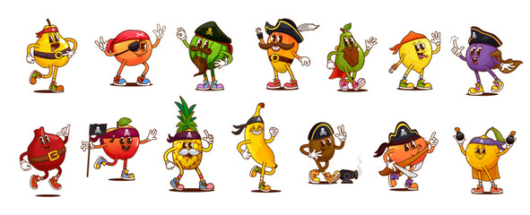Cartoon groovy pirate and corsair fruit characters in black hats, bandanas and eye patches. Retro hippie pirate berry vector personages of cute mango, apple, peach and plum, groovy kiwi and lemon