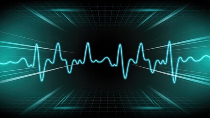 Vibrant teal sound wave pulse illuminates a futuristic digital tunnel with glowing lines