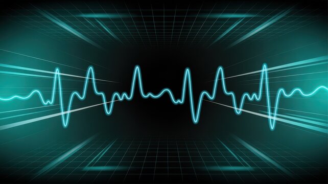 Vibrant teal sound wave pulse illuminates a futuristic digital tunnel with glowing lines