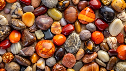 Collection of Polished Gemstones and Decorative Stones Featuring Earth Tones Reds Oranges and Grays Displayed in a Full