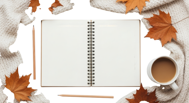 Open notebook surrounded by autumn leaves, coffee, and warm sweater