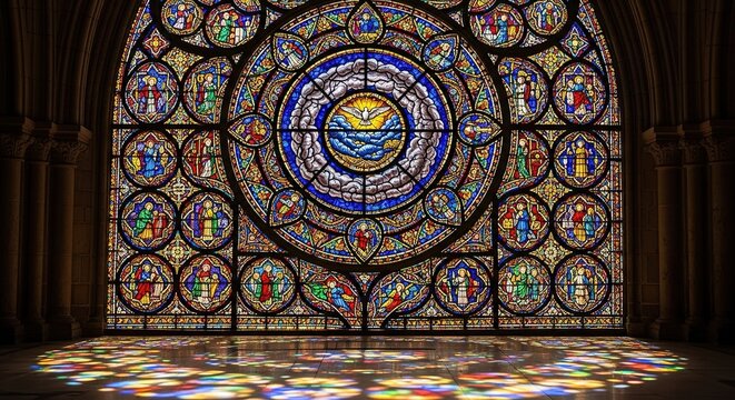 Radiant Rose Window: Dove of Peace and Biblical Scenes in Staine