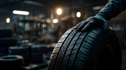 Mechanic changing a tire in a garage setting. Inspecting auto car tire rotation, changing tire. Car tire care, industrial tires auto repair shop services.. Tire balancing services installations