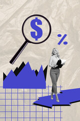 Creative composite design collage of zoom glass dollar percent growth aged woman stand hold...