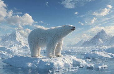 Majestic polar bear stands tall on a vast icy landscape under a bright blue sky