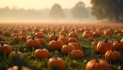 Overhead shot of a vast field filled with miniature pumpkins, light fog rolling in, Halloween decorations subtly placed, early morning light, dew on the pumpkins.