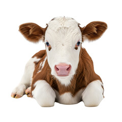 Adorable brown and white calf with big blue eyes lying down isolated on transparent background