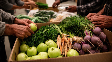 Hands packing a box with fresh apples, carrots, kale, and beets for a community agriculture program