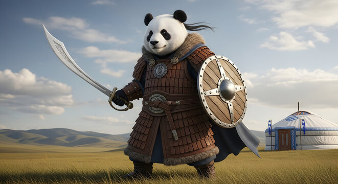 A majestic panda warrior in ancient Mongol armor stands guard on the vast steppe, sword and shield ready for battle