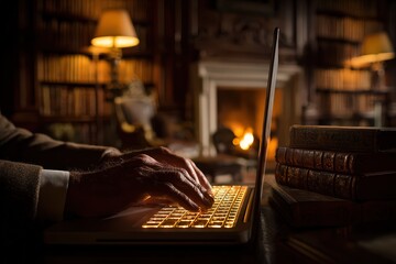 Aged Hands Typing On Glowing Laptop In Elegant Library