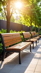 Obraz premium Sunny park benches under trees (1)