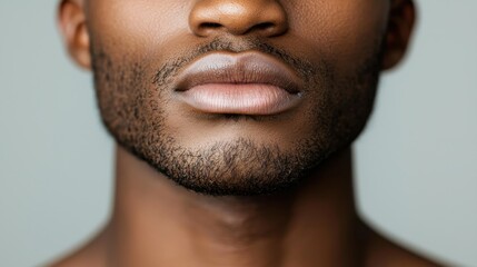 Obraz premium A close-up of a man's lower face showing his lips, jawline, and a trimmed beard against a neutral background.