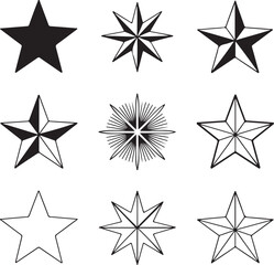 Collection of star icons in various styles including solid filled outline and geometric designs