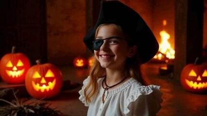 Girl dressed as pirate with sunglasses and eye patch near pumpkins