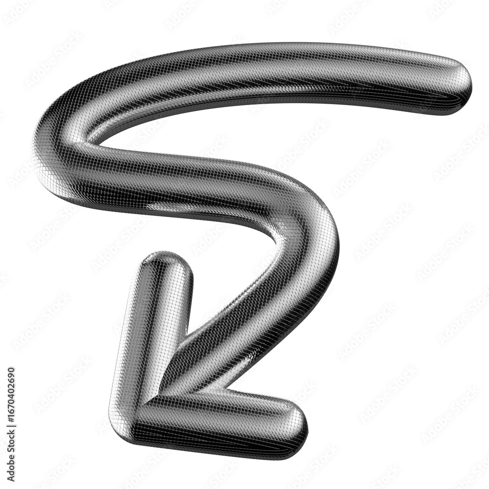 Poster shiny metallic inflatable arrow 3d shape isolated. bulky chrome metal wavy arrow, abstract wriggling