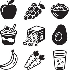 Healthy Food Icons Showing Apple Grapes Nuts Smoothie Cereal Avocado Banana Carrots and Water nutrition