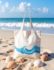 Cream-colored canvas tote bag with blue wave design on a sandy beach with seashells.