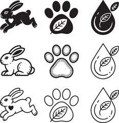 Icons depicting rabbits, paw prints, and a leaf within a water drop, symbolizing animal welfare and natural products