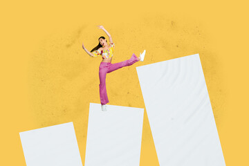 Poster trend collage of person stand dance up on columns over yellow background