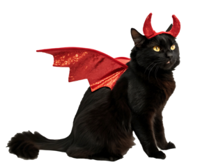 Black Cat in Devil Costume for Halloween Celebration with Red Horns and Wings Sitting on Black Background Adorable Pet Ready for Trick or Treat Season