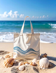 Canvas tote bag with wave design on a sandy beach surrounded by seashells, with the ocean and blue sky in the background.