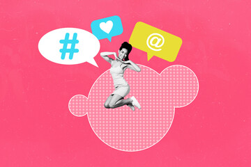 3d image zine full artwork collage of two happy girl jump heart icon social media communication...