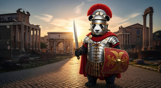 Brave panda centurion with sword and shield guards the ancient Roman ruins at sunrise, showcasing a whimsical blend of history and fantasy