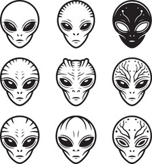 Nine stylized black and white icons of alien heads with varying facial features and patterns extraterrestrial