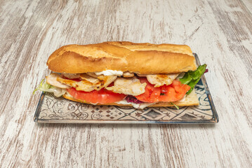 Grilled chicken sandwich with roasted vegetables (eggplant, zucchini, and red pepper) on rye bread...