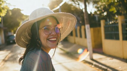 Fototapeta premium Joyful young woman with a hat smiling on a sunny street lifestyle photography urban environment bright viewpoint
