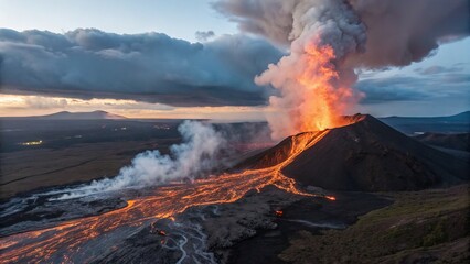 Active volcano erupts with lava flow volcano national park nature scene dramatic landscape aerial view natural phenomenon