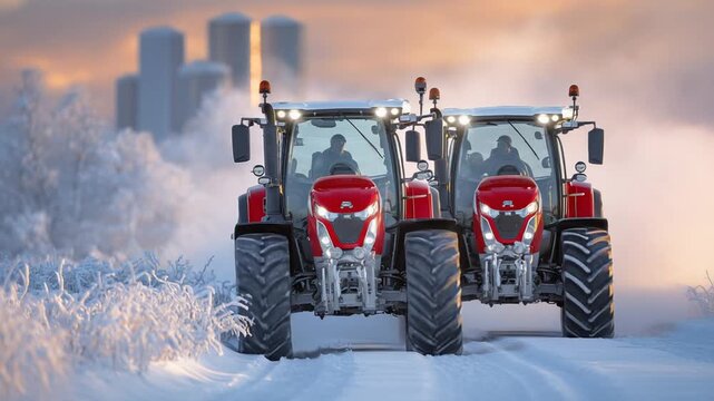Two Massey Ferguson S 7724 tractors navigate a snow-covered farm track amidst a picturesque, misty Continental landscape.
