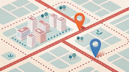 Isometric illustration of a modern city map with landmarks urban design digital art aesthetic layout bird's eye view visual concept