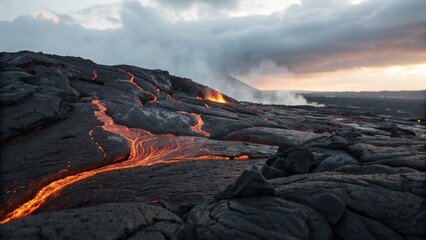 Molten lava streams illuminate the horizon volcano landscape nature photography dramatic evening a glimpse of earth’s power