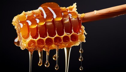 honeycomb structure dripping honey against a black background