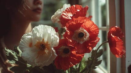 Partially visible woman gazes at vibrant bouquet of red and white poppies near a sunlit window