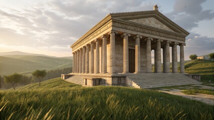 Obraz premium Majestic temple balancing serenity hillside panorama architectural marvel golden hour splendor breathtaking ancient beauty