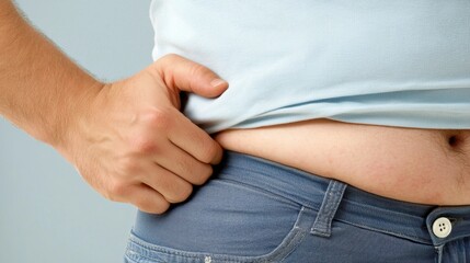 A person pinching belly fat above jeans, illustrating weight gain or body fat.
