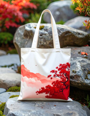 A cream-colored tote bag featuring a beautiful print of red trees and pink mountains, perfect for carrying everyday essentials.