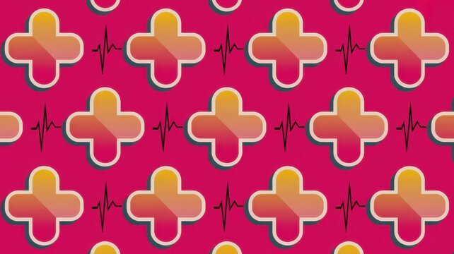 Seamless pattern of medical crosses with heartbeat lines on a vibrant pink background